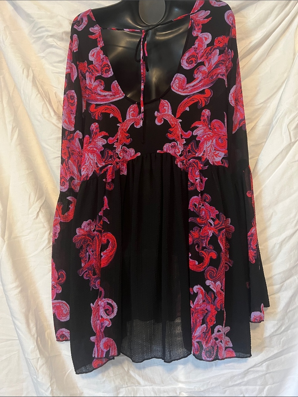 Intimately by Free People Small Black Top with Red-Pink Scroll Print - Picture 6 of 9